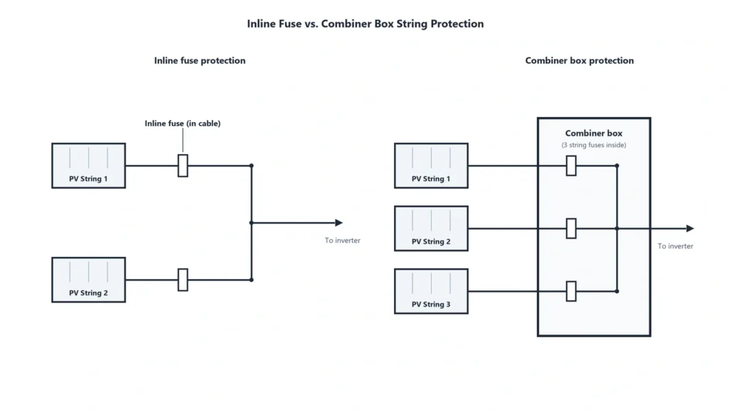 PV inline fuse connector versus combiner box string fuse protection