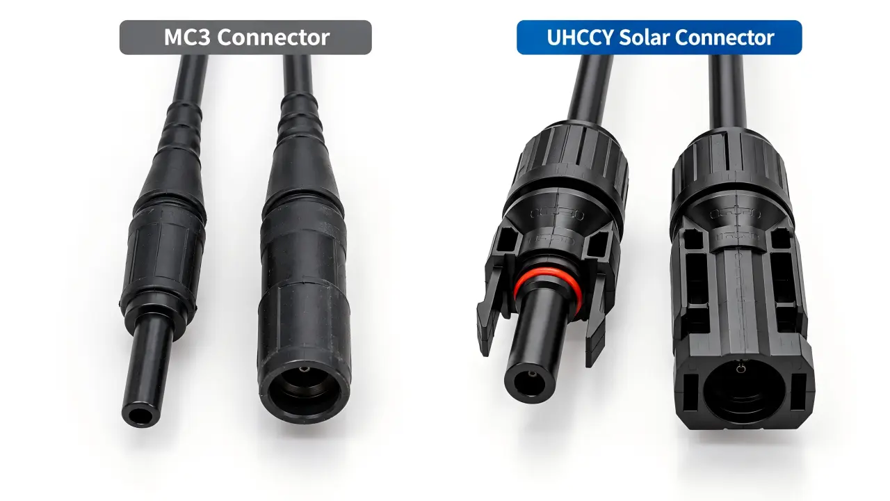 MC3 connector vs MC4 solar connector showing legacy and modern PV connector designs