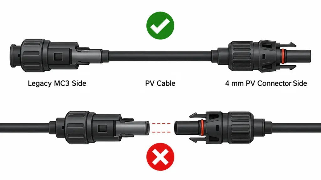 MC3 to MC4 adapter cable connecting legacy and modern solar connector systems