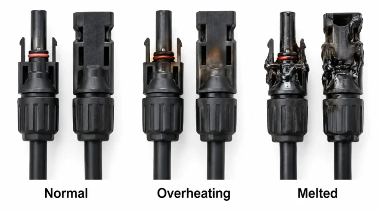 MC4 connector failure showing overheated melted and normal PV connector comparison