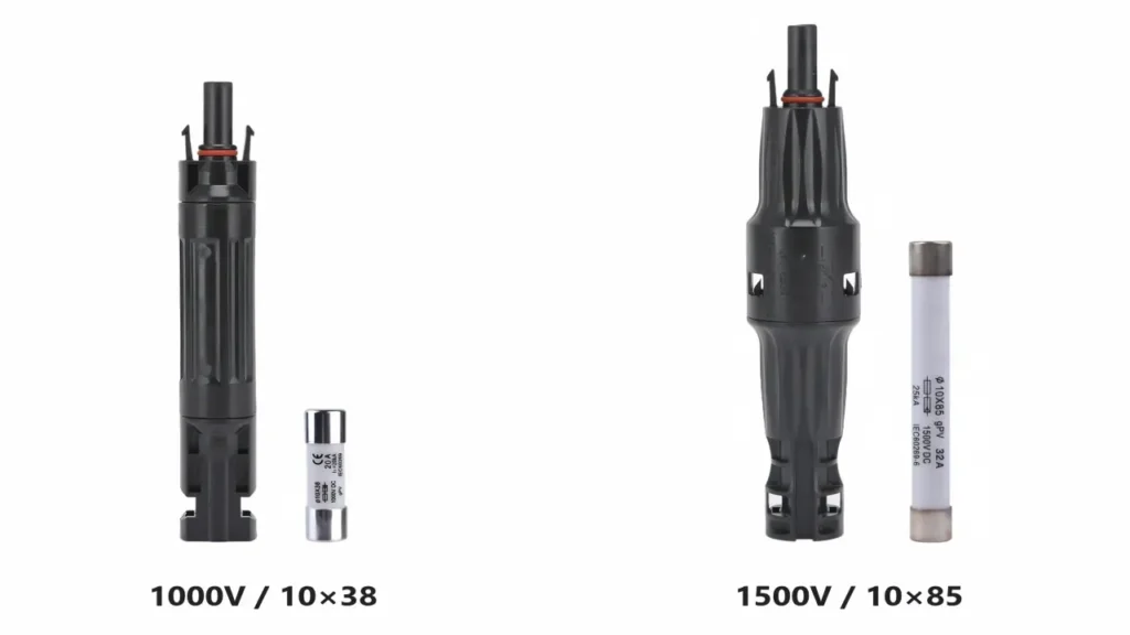 MC4 inline fuse connector 1000V 10x38 and 1500V 10x85 comparison