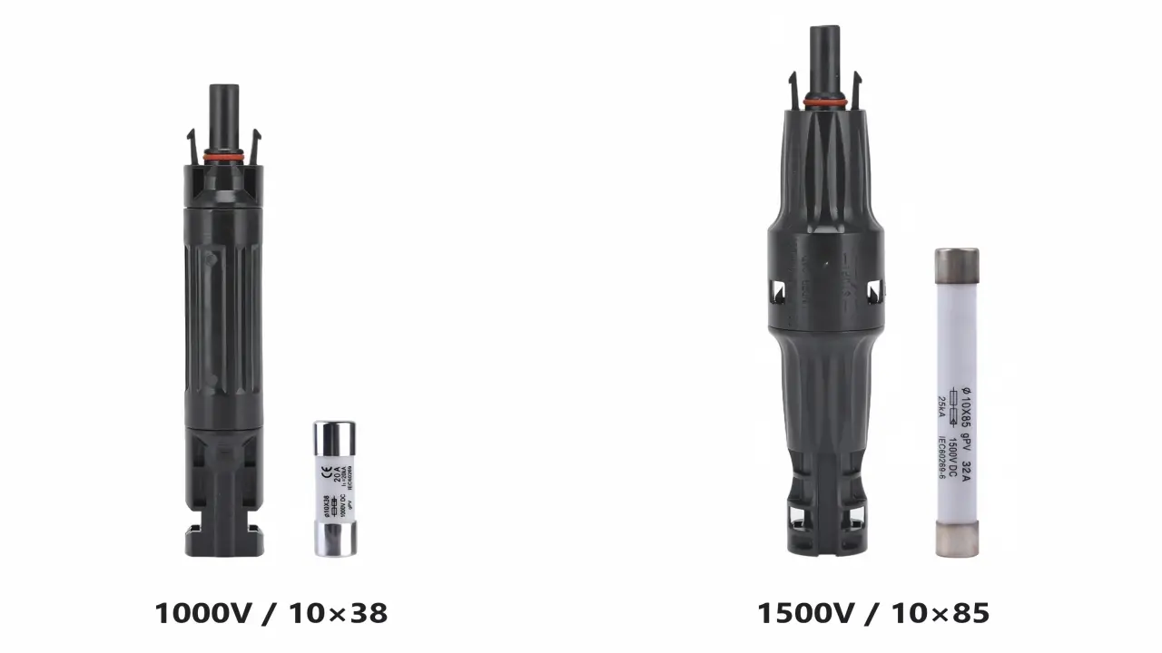 MC4 inline fuse connector 1000V 10x38 and 1500V 10x85 comparison