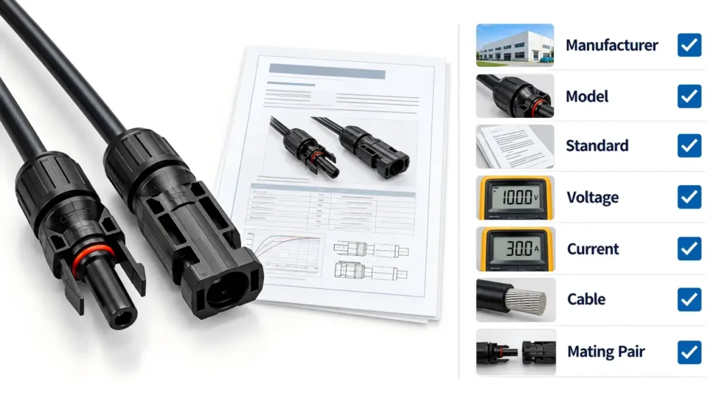 PV connector certificate verification checklist for model standard rating cable and mating pair