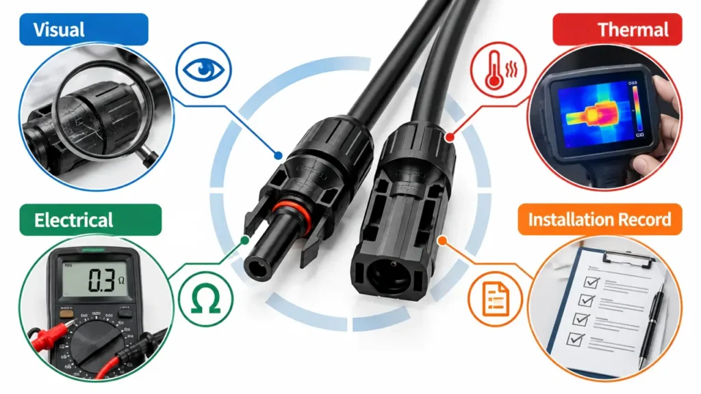 MC4 connector failure inspection using visual thermal and electrical checks