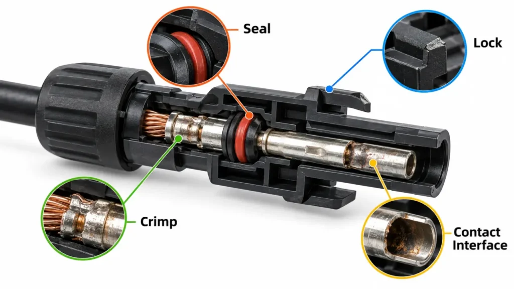 PV connector failure diagnosis by crimp mating interface seal and locking area