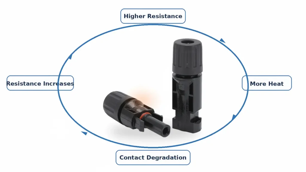 MC4 connector failure cycle from increased resistance to overheating and further degradation