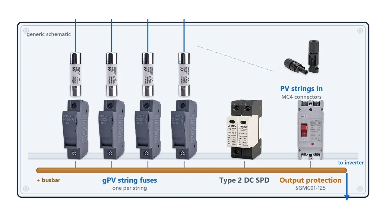 PV fuse box with string fuses inside a solar combiner box