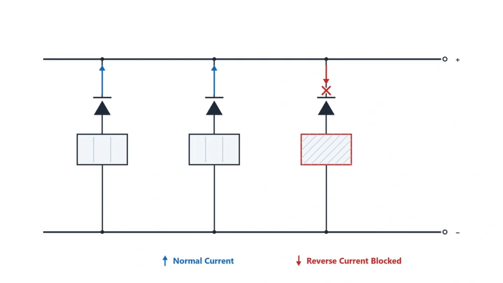 PV blocking diode preventing reverse current from parallel solar strings