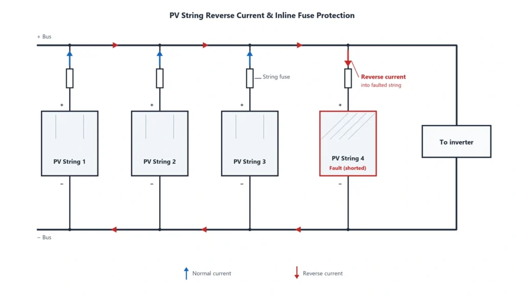 PV string reverse current and MC4 inline fuse protection diagram