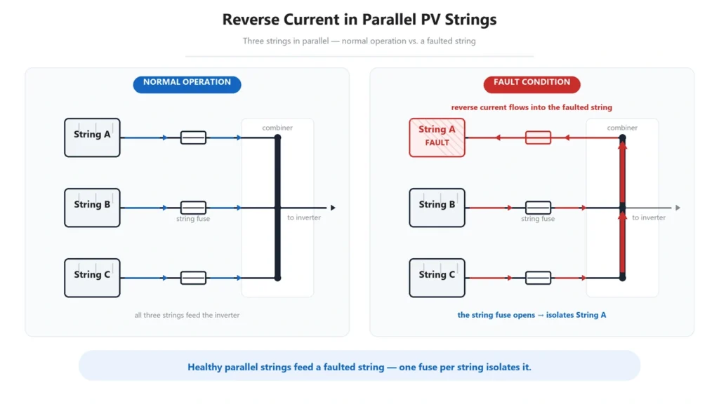 Solar panel fuse protection against reverse current in parallel PV strings
