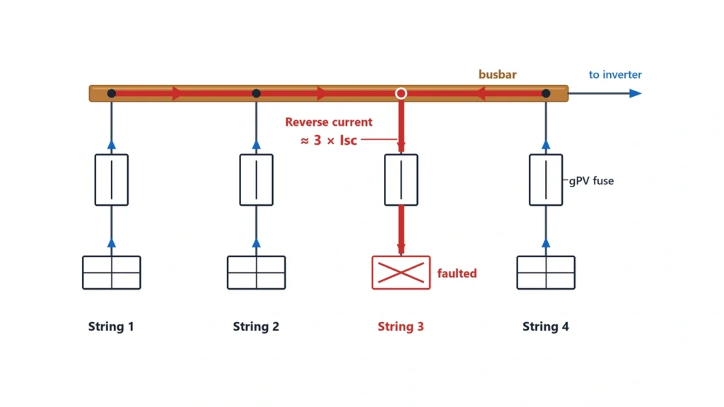 Solar PV blown fuse caused by reverse current from parallel strings