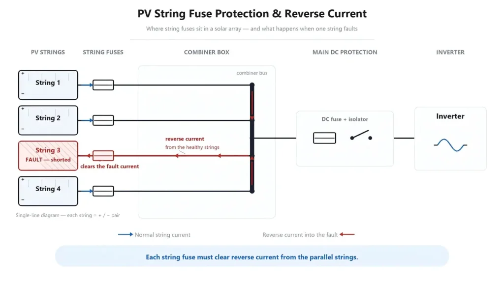 Solar PV string fuse protection and reverse current diagram