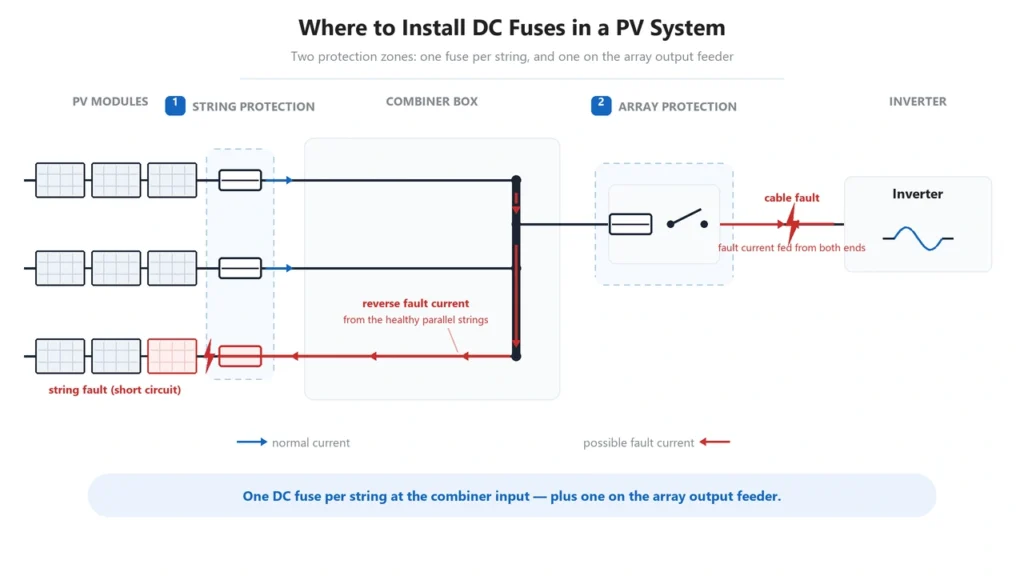 DC fuse installation locations in a solar PV system